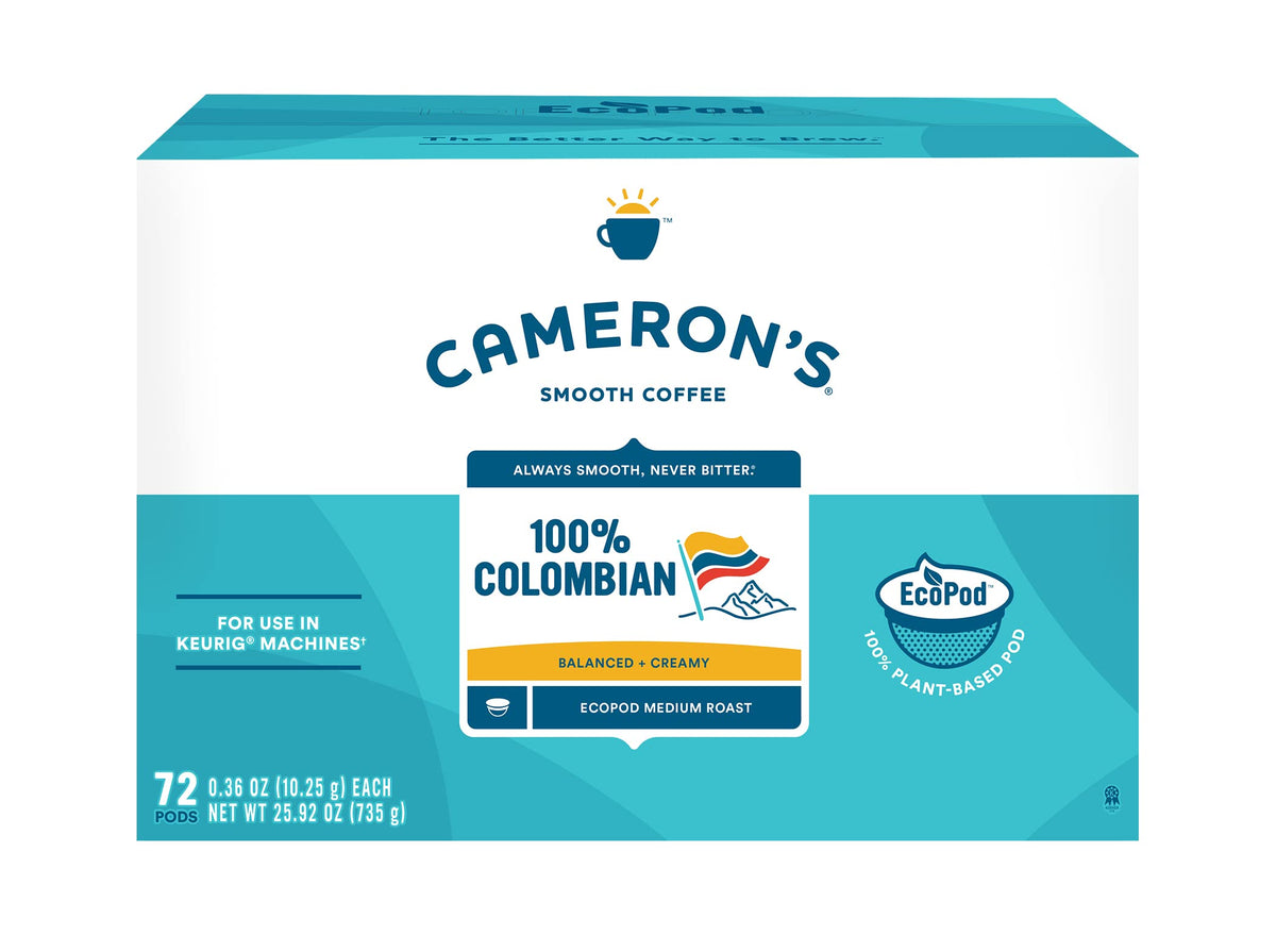 Cameron's Coffee front packaging showing 72-count pod box and convenience