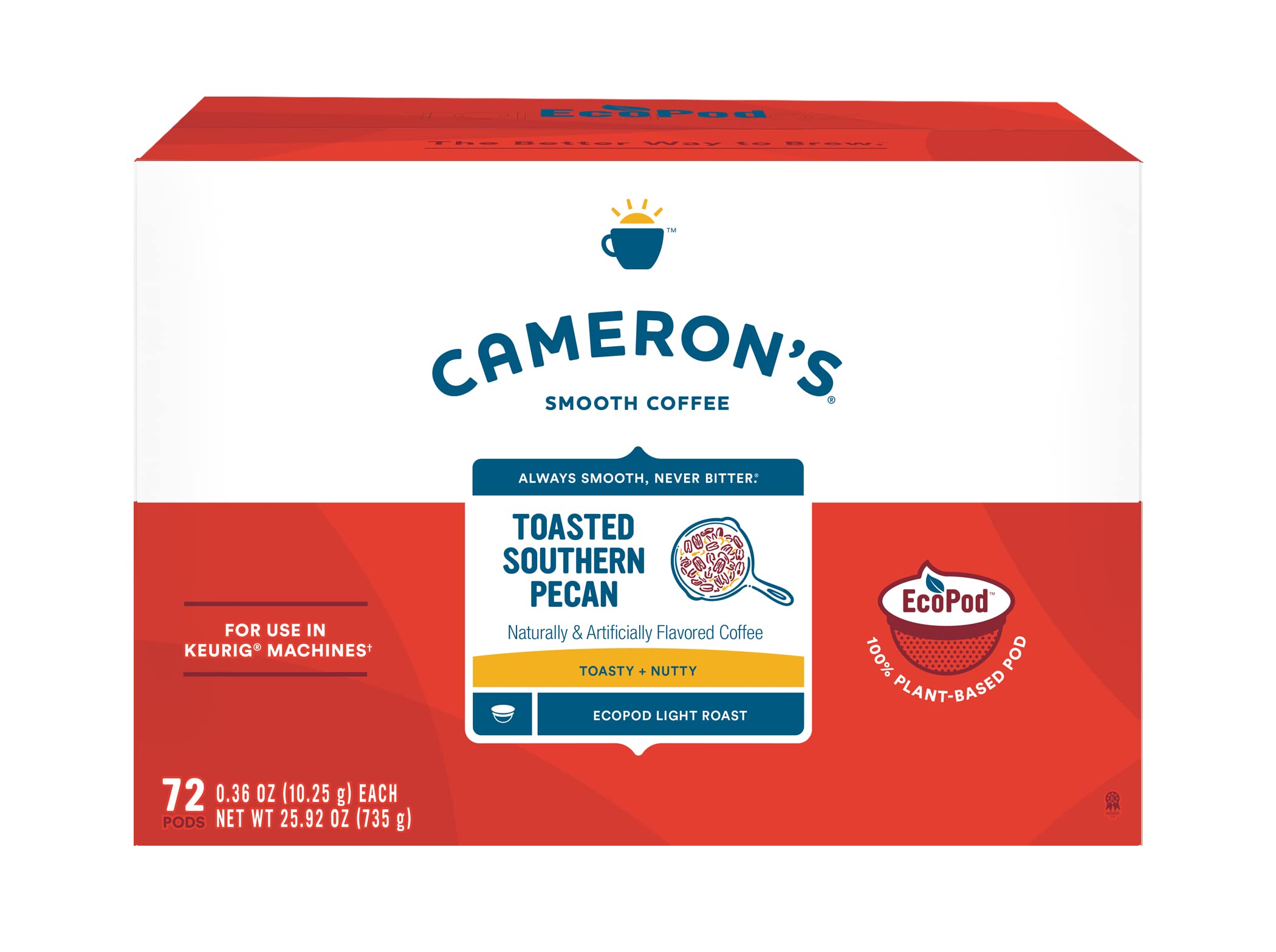 Cameron's Coffee front packaging showing 72-count bulk box and branding benefits