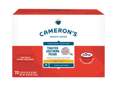 Cameron's Coffee front packaging showing 72-count bulk box and branding benefits