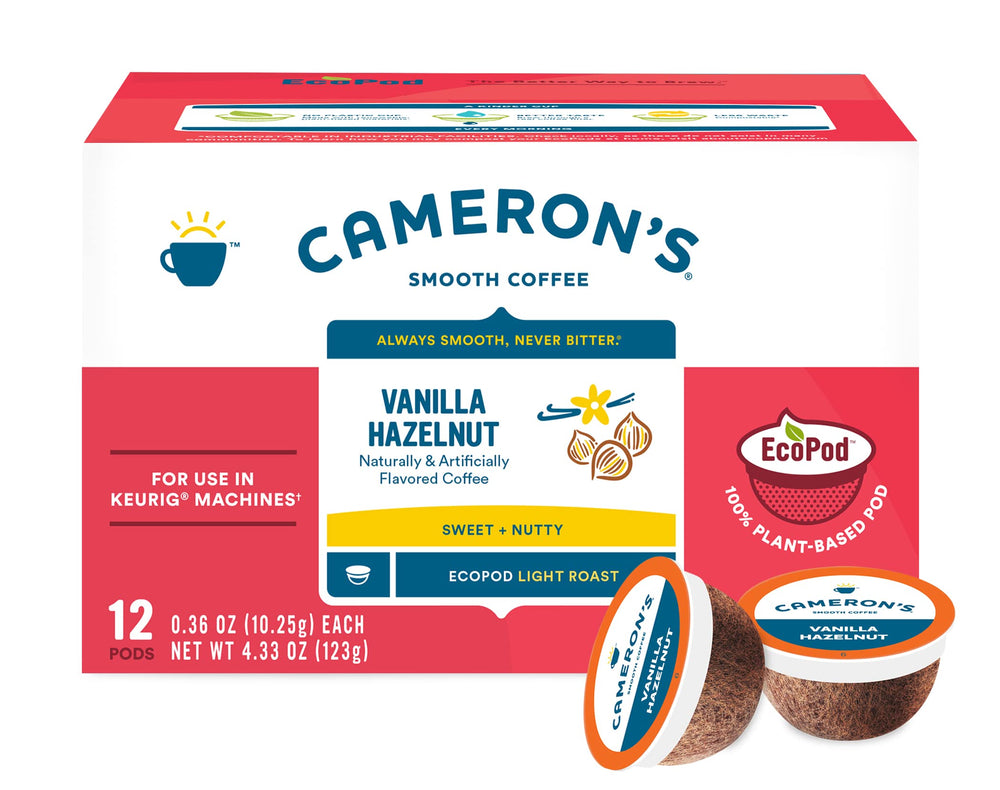 Fresh vanilla hazelnut coffee pouring into cup, Cameron's Coffee aroma