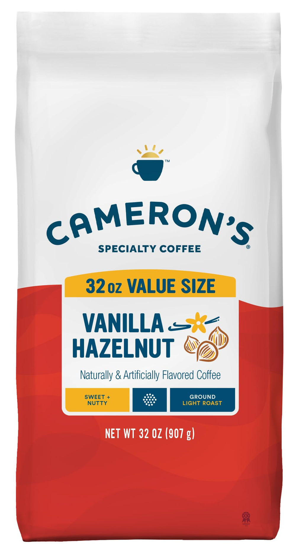 Cameron's Coffee front packaging showing 32 ounce bag and flavor