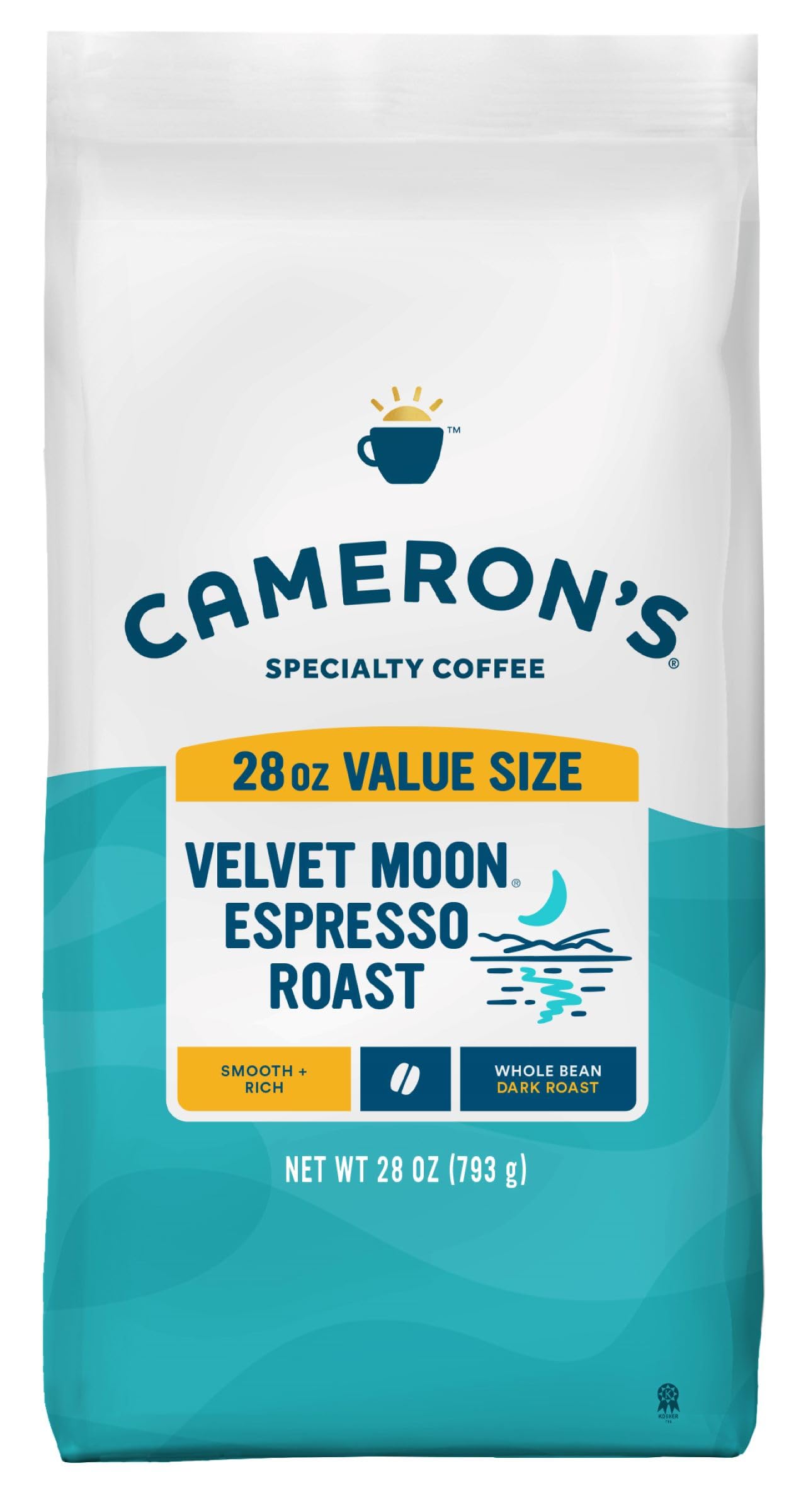 Cameron's front bag showing Velvet Moon Espresso Roast for consistent flavor