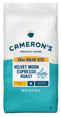 Cameron's front bag showing Velvet Moon Espresso Roast for consistent flavor