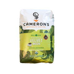 Camerons Velvet Moon front of bag showing organic and Kosher labels with clear quality benefit