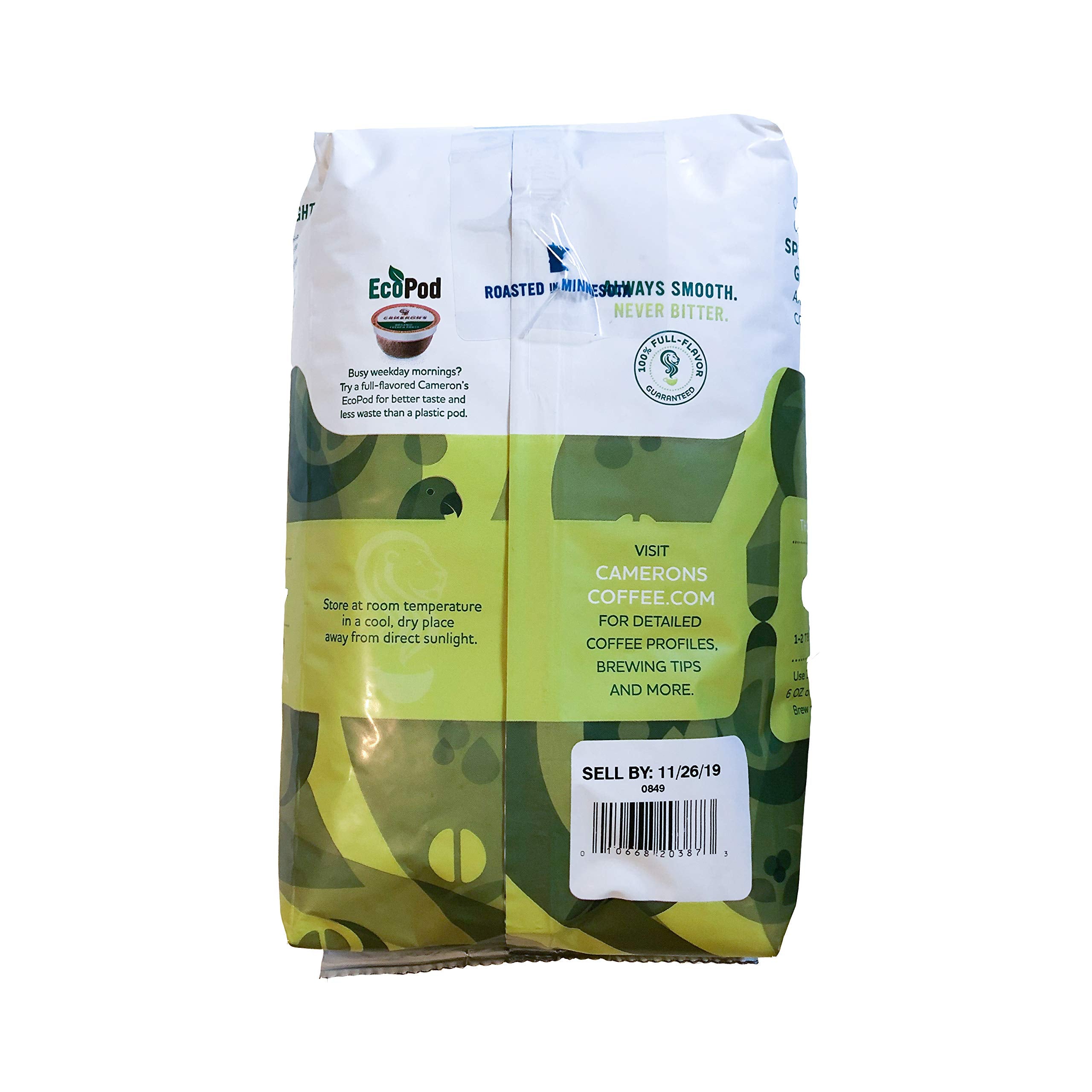 Camerons Velvet Moon 32oz bag next to a coffee scale showing value and serving size
