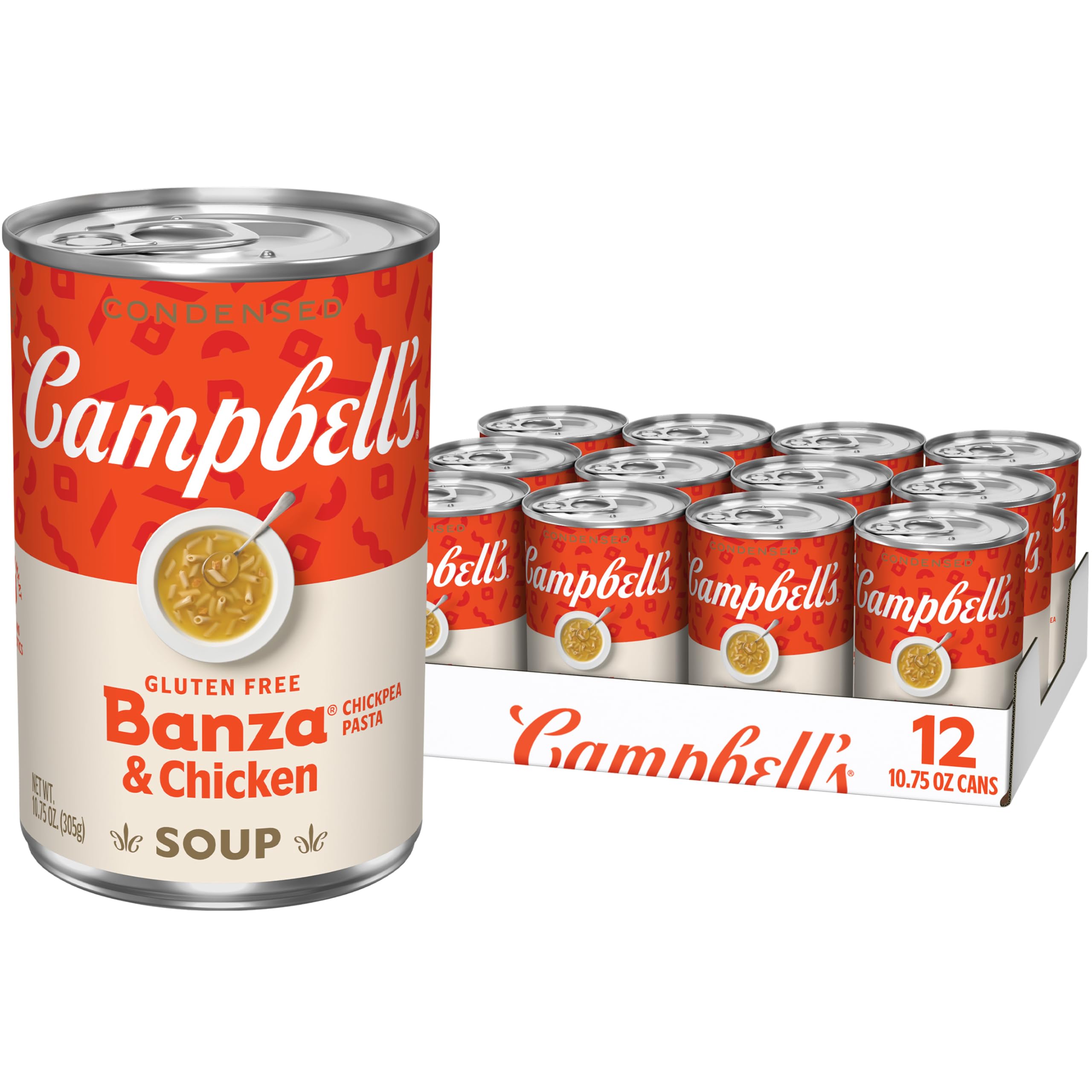 Campbell's front can view showing gluten-free chickpea pasta and chicken benefit