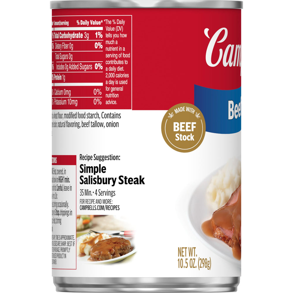 Campbell's beef gravy cans stacked in pantry demonstrating bulk convenience