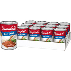 Campbell's beef gravy front can showing brand and serving suggestion benefit