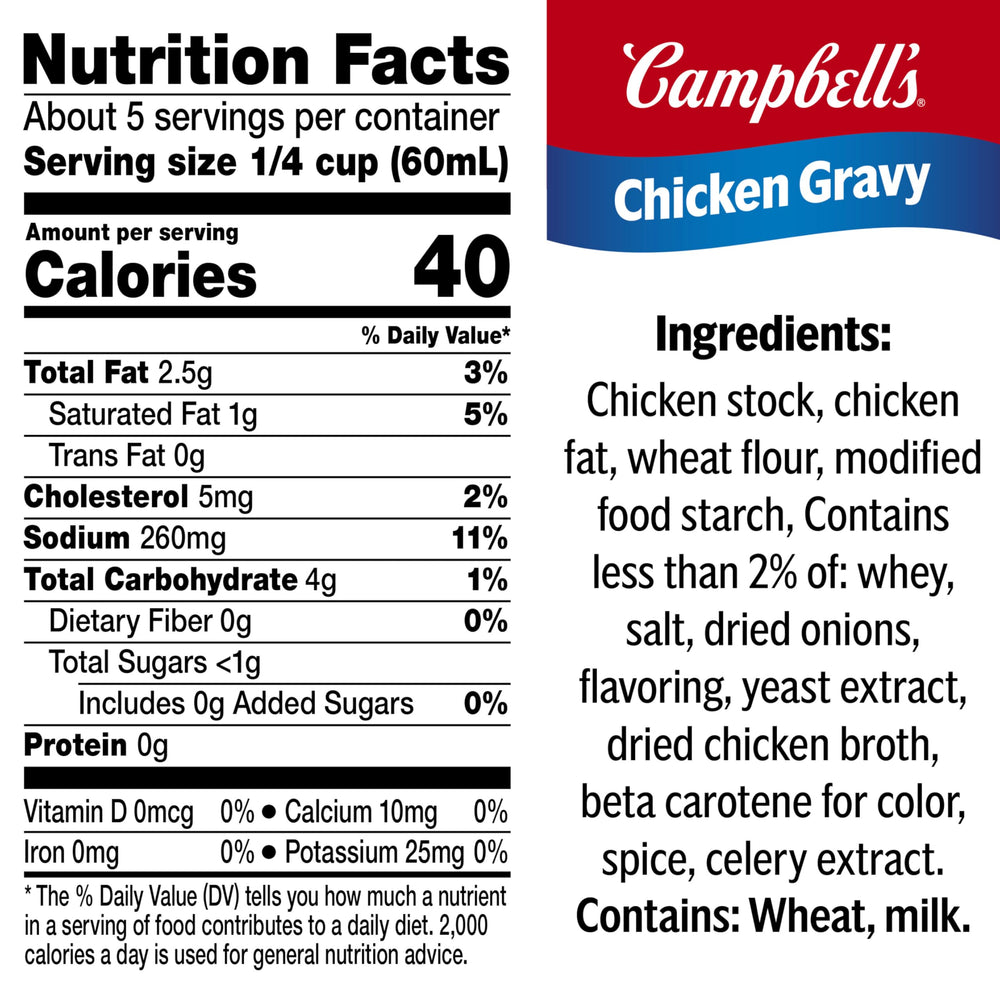 Campbell's chicken gravy open can close-up shows smooth texture and rich color