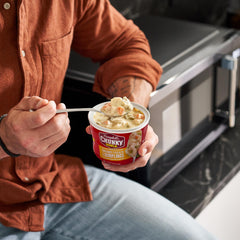 Campbell’s Chunky bowl in microwave demonstrating quick-heat convenience benefit