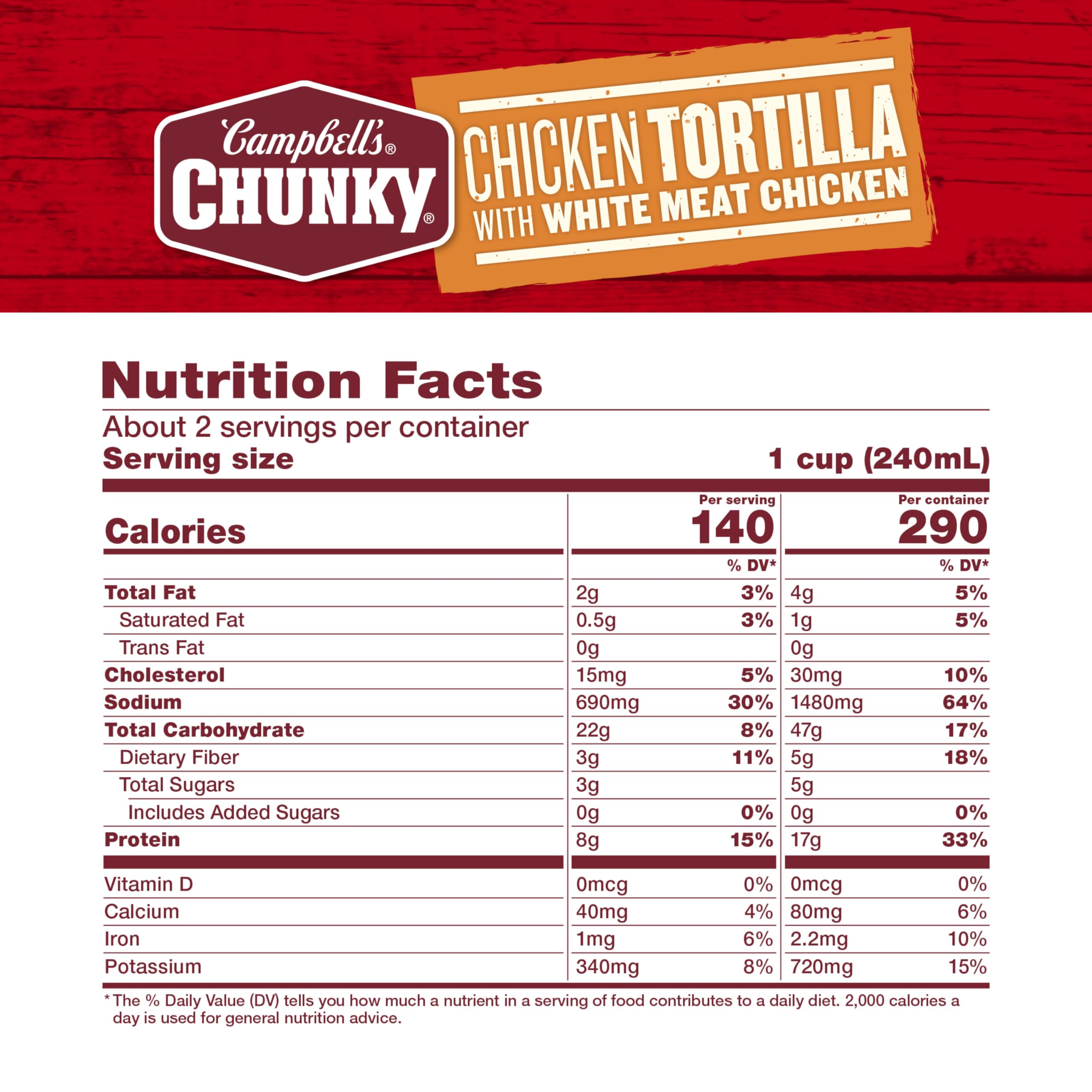 Campbell’s Chunky close-up of label highlighting chicken tortilla flavor