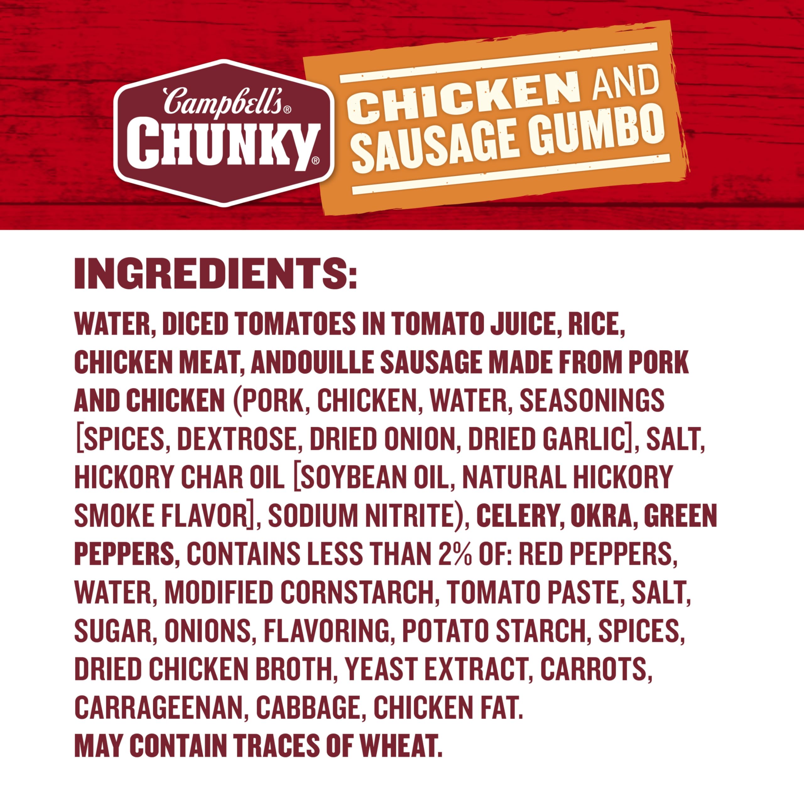 Campbell’s Chunky close-up of chicken and sausage chunks, visible protein pieces