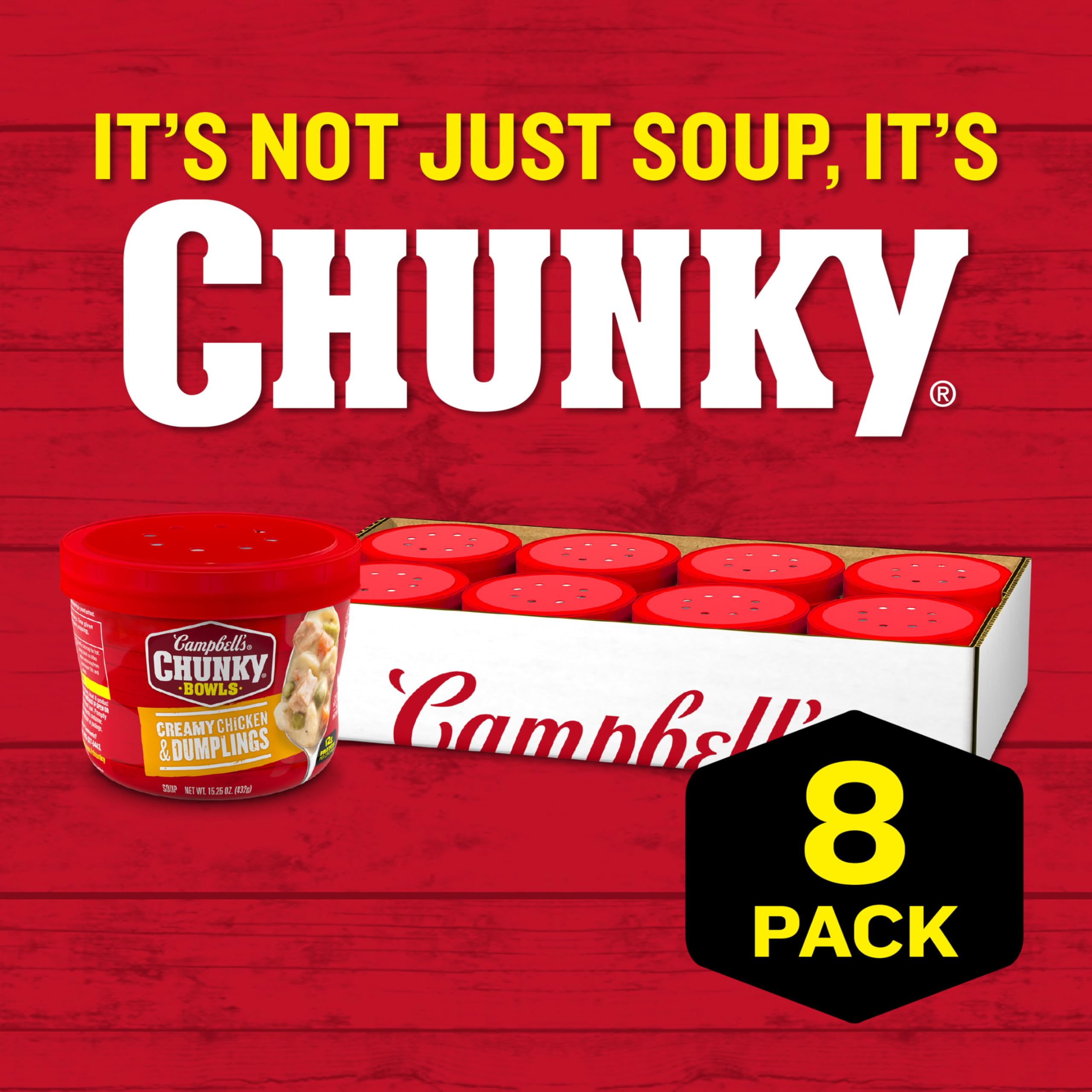 Campbell’s Chunky close-up of dumplings and chicken highlighting hearty texture benefit