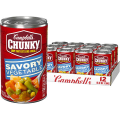 Campbell’s Chunky front can showing label and serving suggestion benefit: quick meal