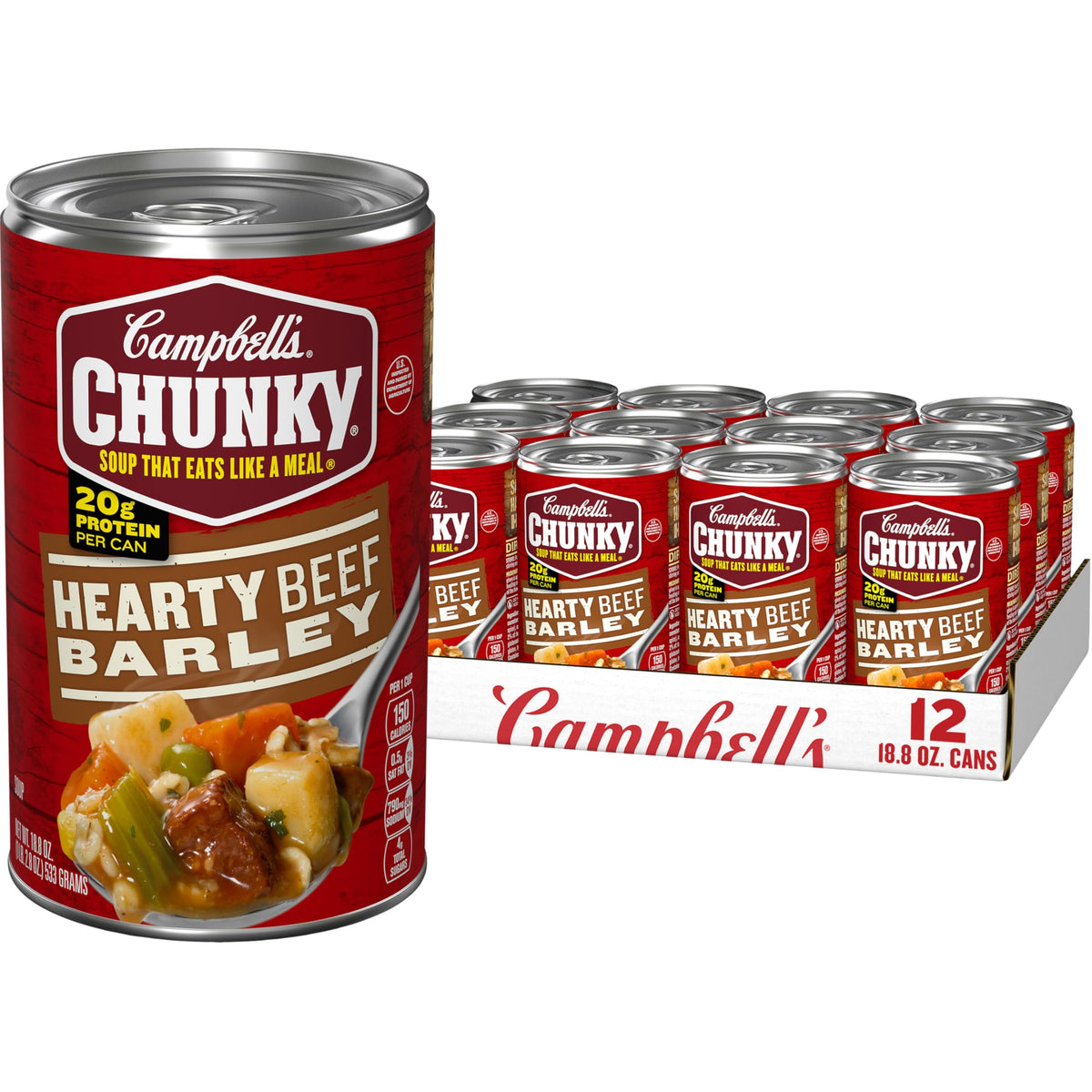 Campbell’s Chunky front can showing label and serving suggestion, satisfying meal option