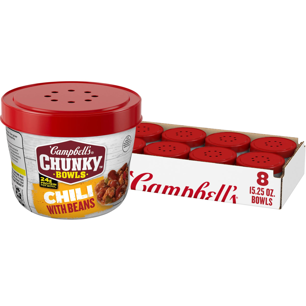 Campbell’s Chunky front packaging showing eight microwavable bowls for easy meals