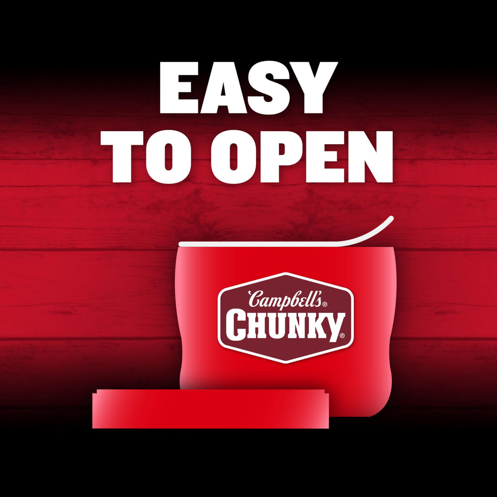 Recyclable bowl label visible emphasizing Campbell's Chunky convenience and easy disposal benefit