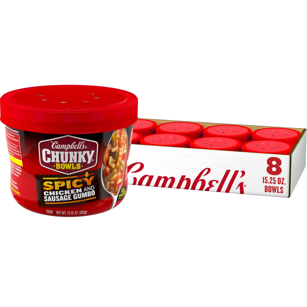 Campbell's Chunky front packaging showing gumbo bowl and branding benefit convenient heat-and-eat