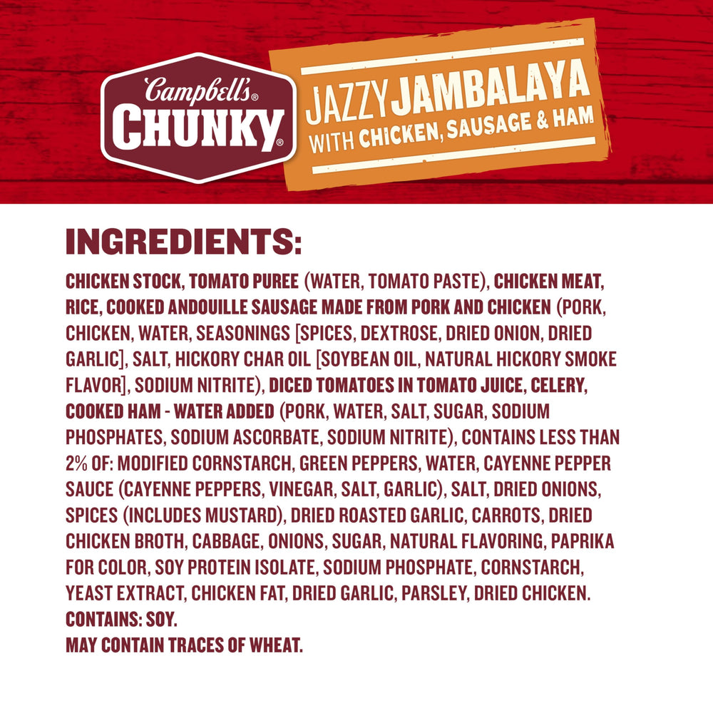 Campbell’s Chunky close-up of chicken sausage ham and rice highlighting chunky ingredients