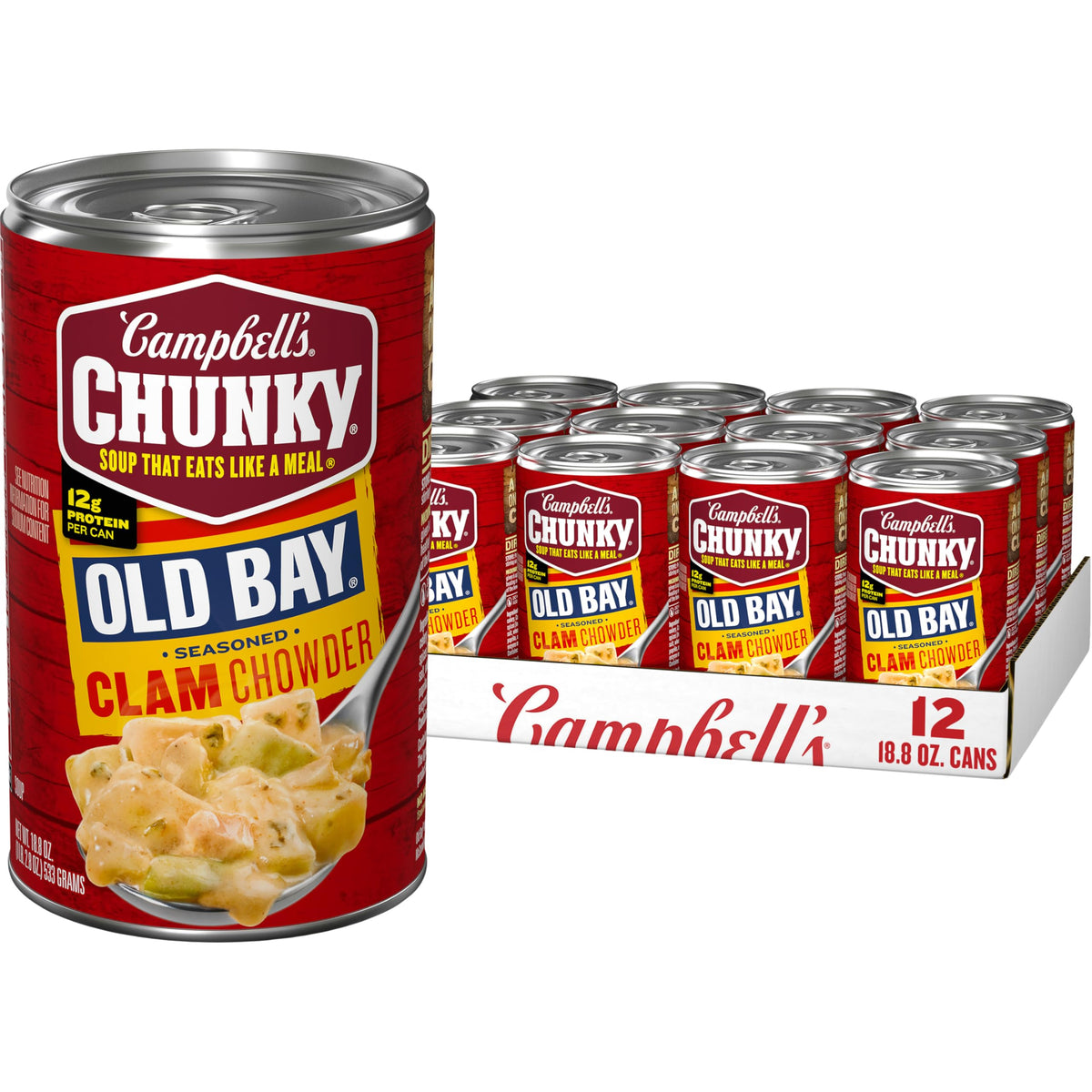 Campbell’s Chunky front packaging showing bold OLD BAY flavor benefit