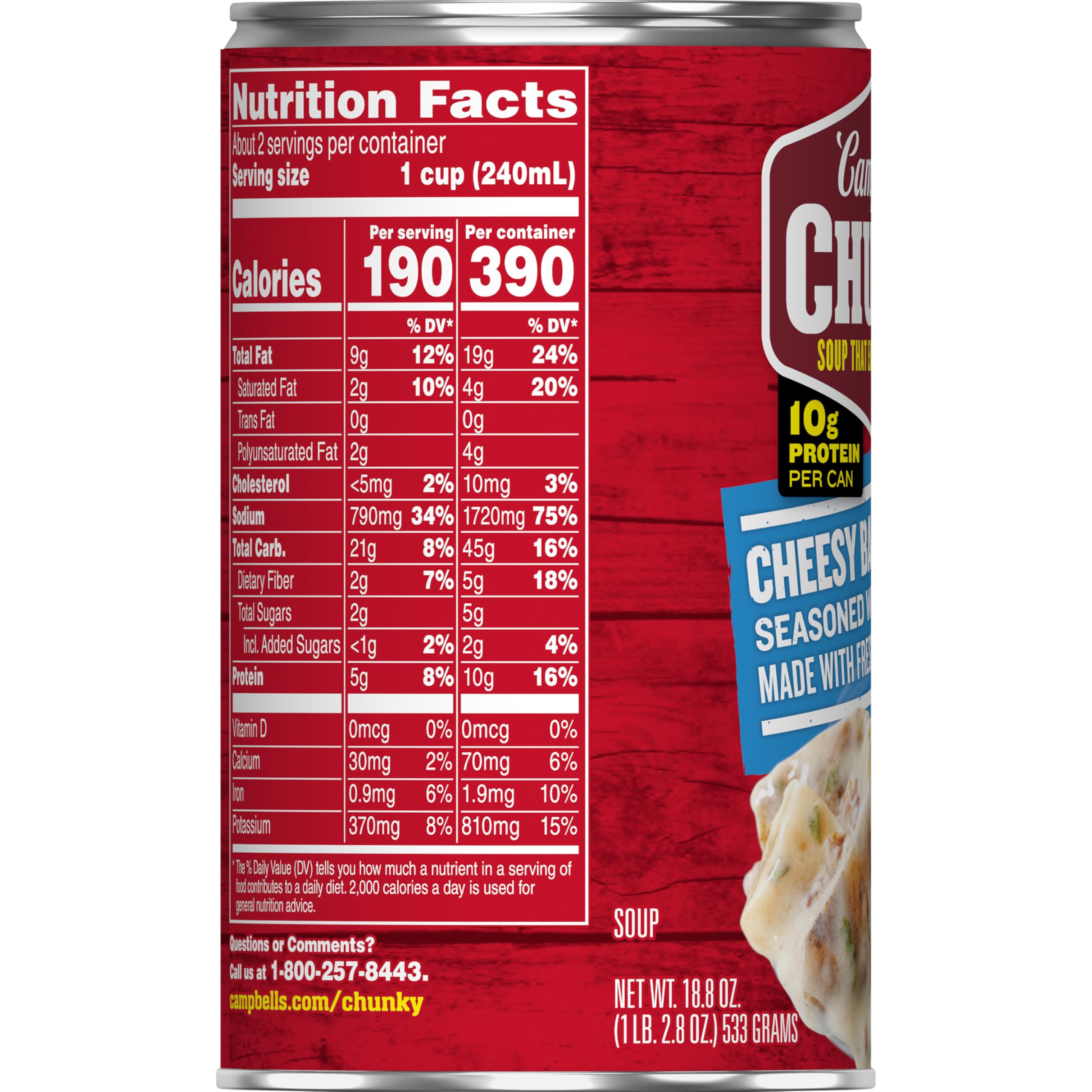 Campbell's Chunky next to spoon to show can size and generous serving