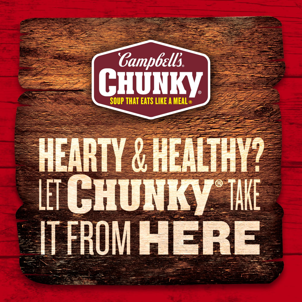 Tailgate scene with Campbell's Chunky cans and bowls illustrating party-friendly convenience benefit