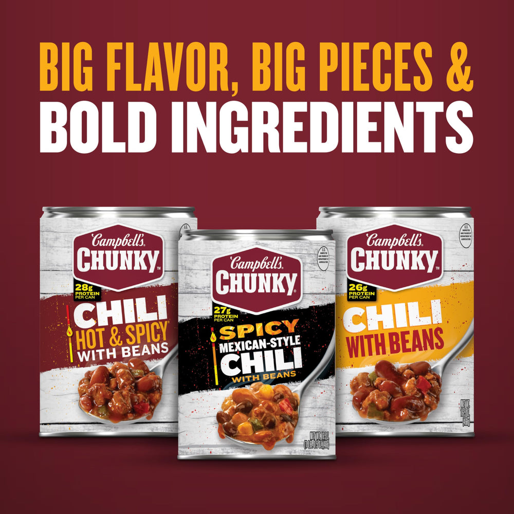 Campbell's chili spooned over a baked potato showing a filling serving idea