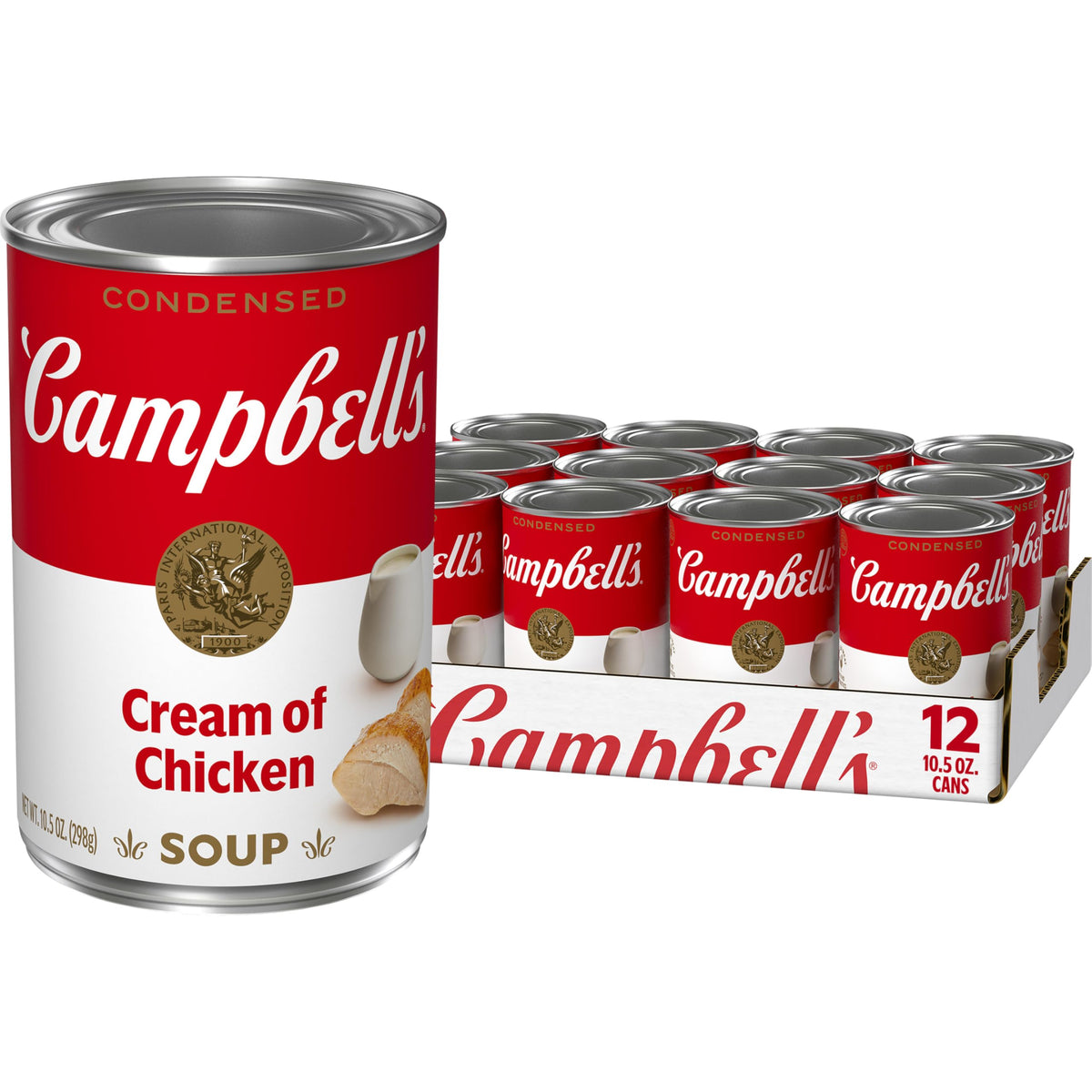 Campbell's cream of chicken front can showing label and size, quick pantry benefit