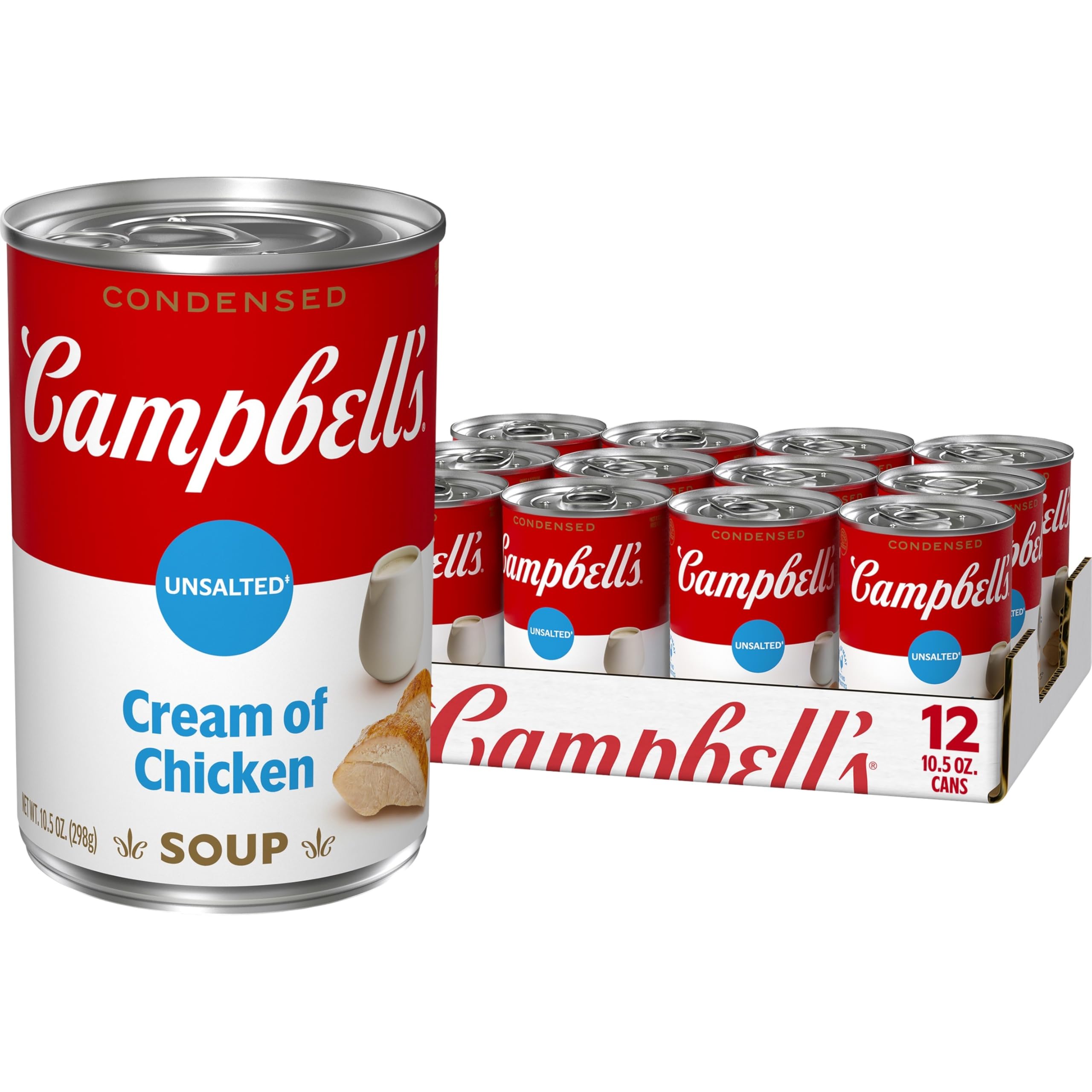 Campbell's can front view showing label and unsalted cream of chicken - convenient pantry staple