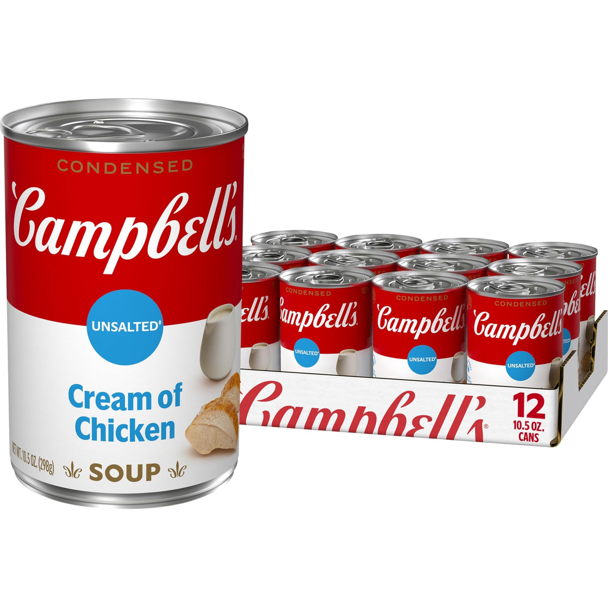 Campbell's can front view showing label and unsalted cream of chicken - convenient pantry staple