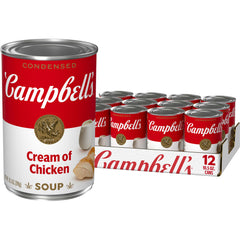 Campbell's cream of chicken front can showing label and size, quick pantry benefit