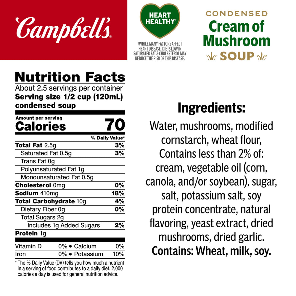 Close-up of Campbell's can label showing product name and Heart Healthy claim, easy ingredient identification