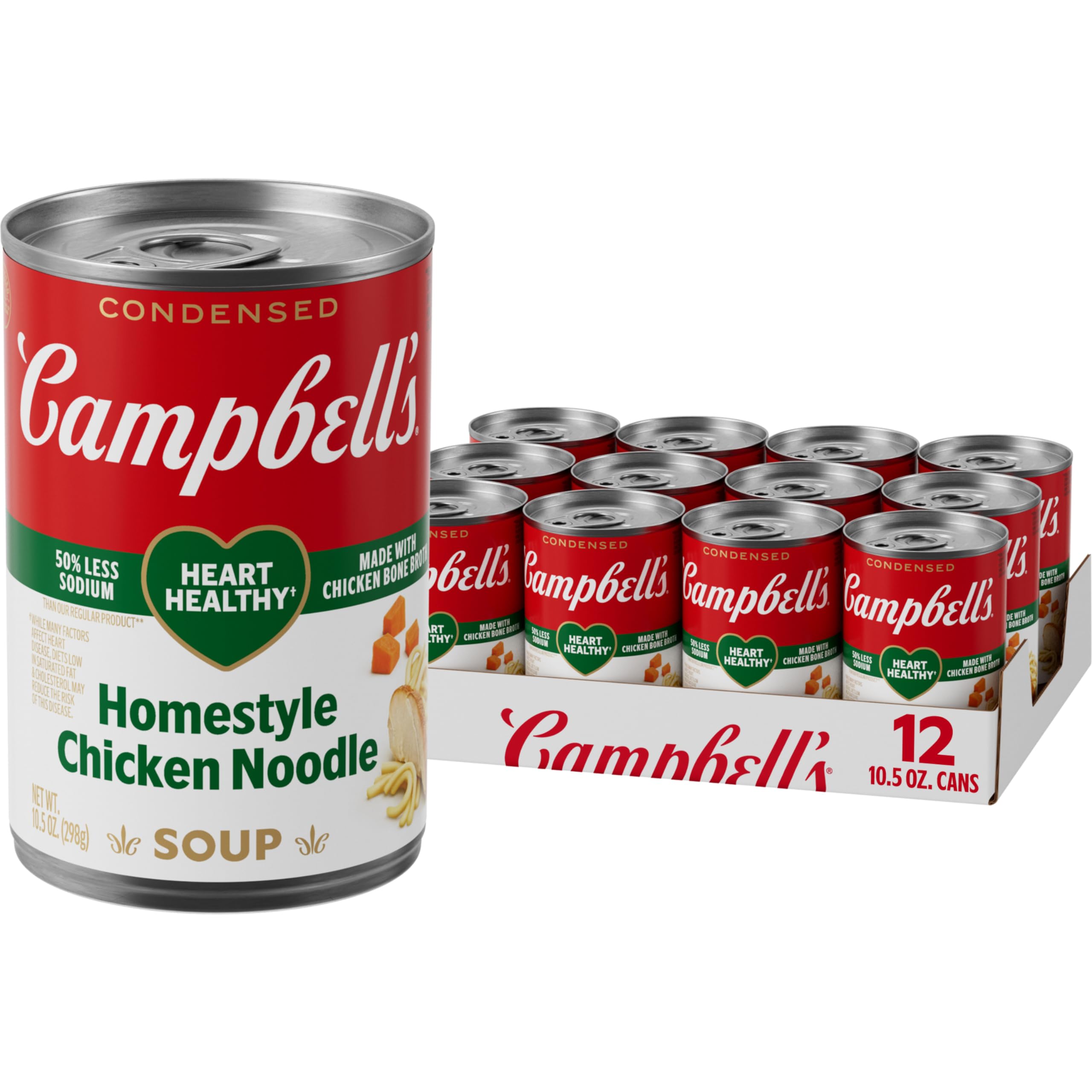 Campbell’s front packaging of homestyle chicken noodle showing can label and benefit