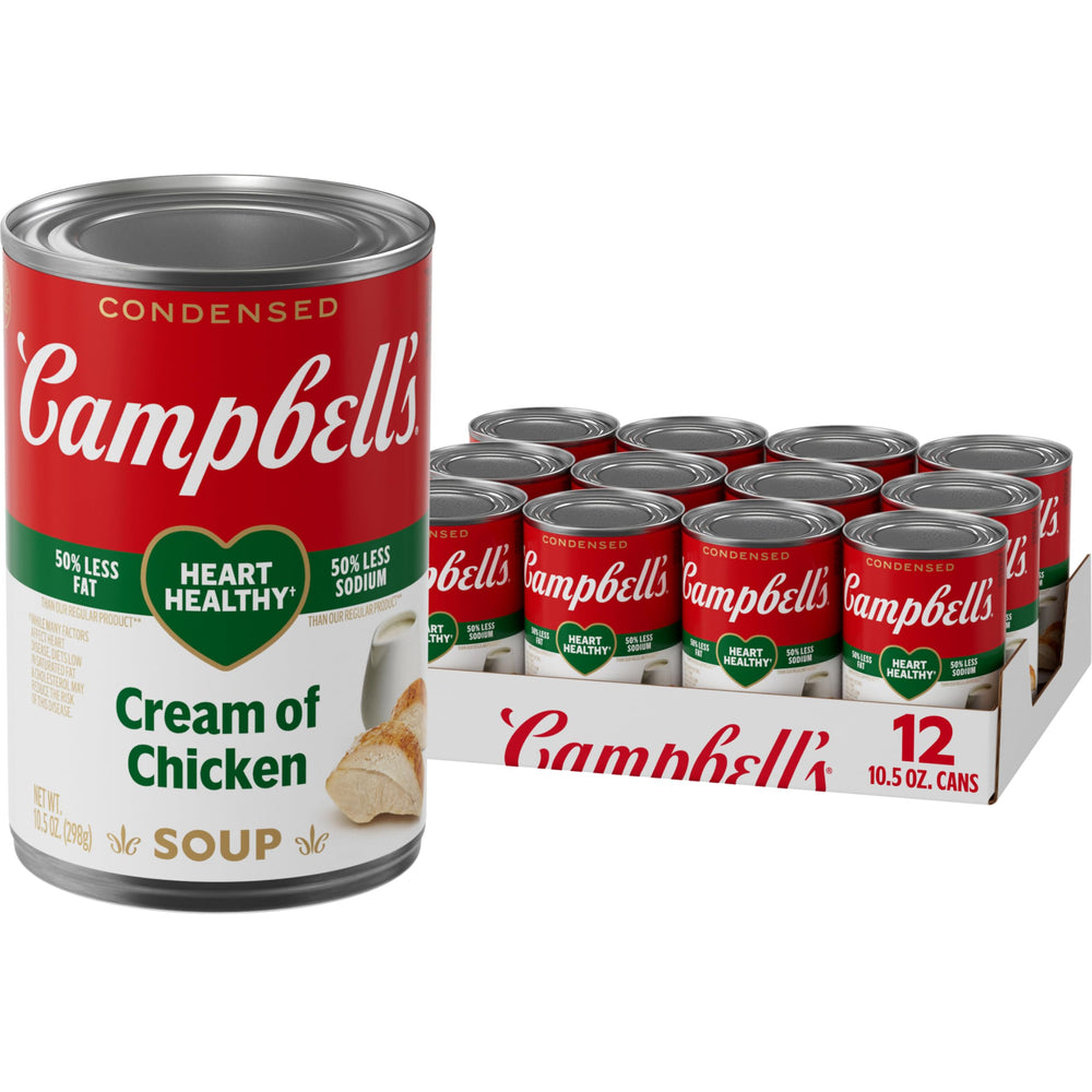 Campbell's can front view showing Healthy Request Cream of Chicken, convenient pantry staple benefit