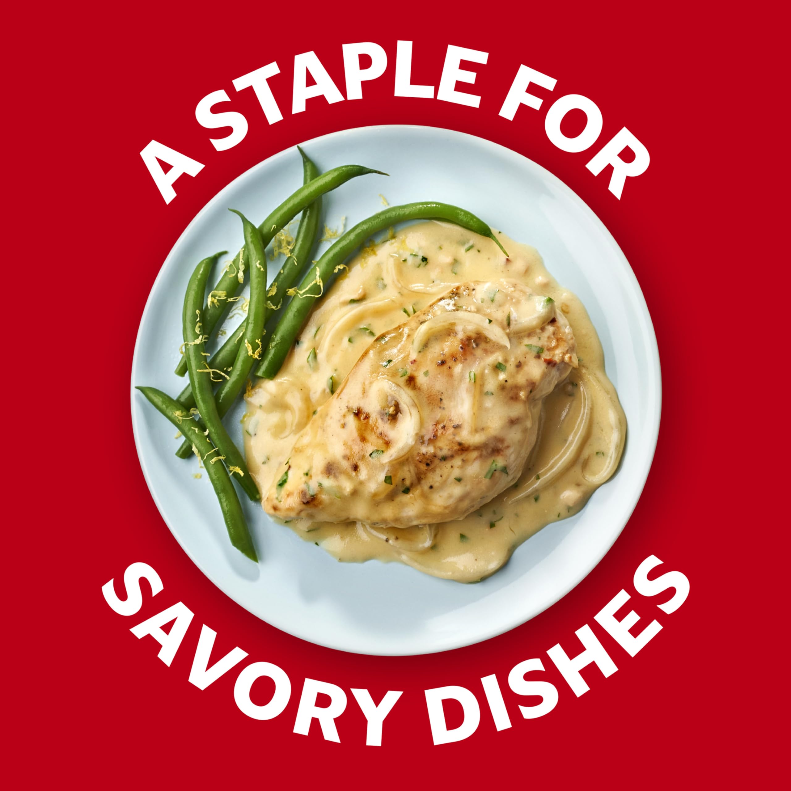 Campbell's ingredient list card with chicken and cream visuals, transparency and quality benefit