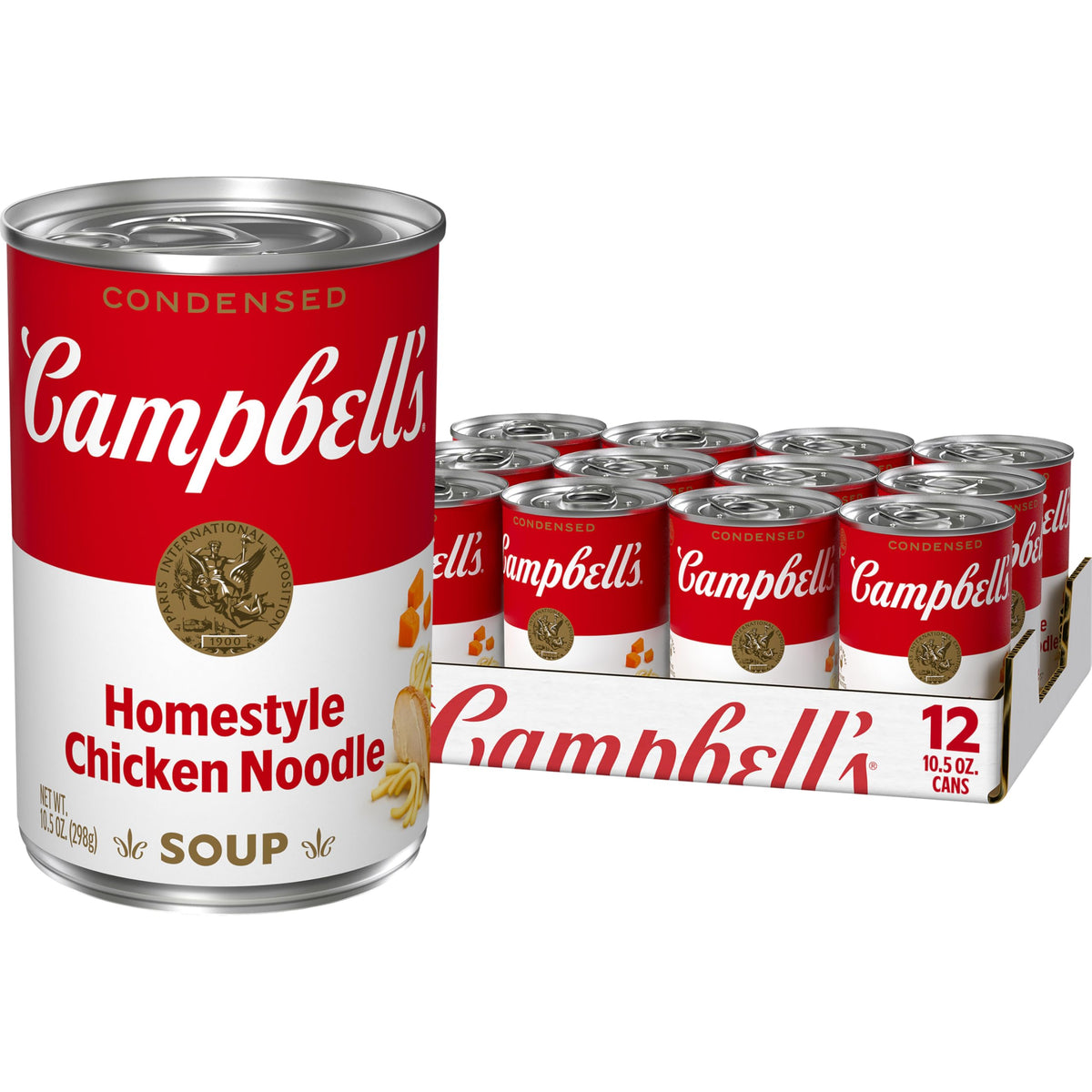 Campbell's homestyle chicken noodle front packaging showing recognizable label and convenience