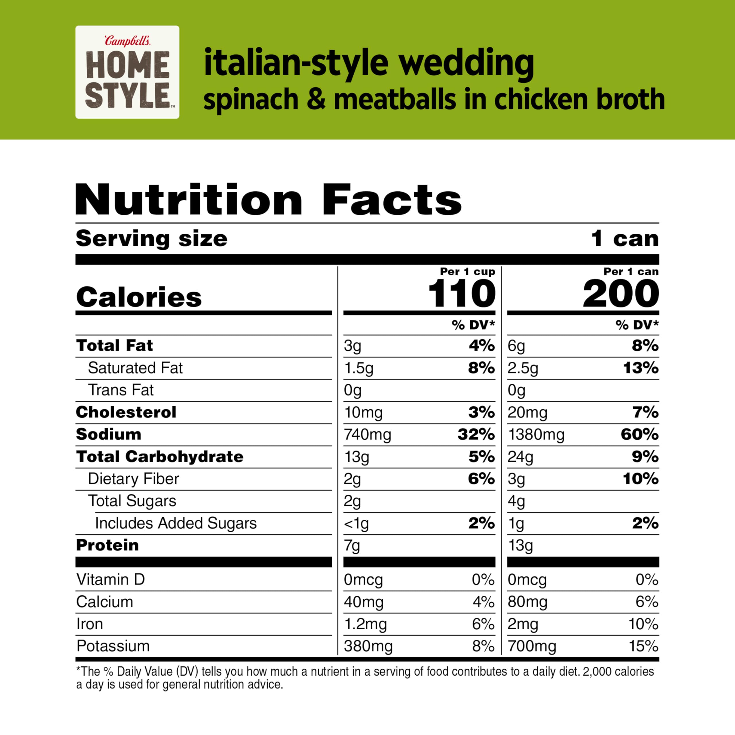 Campbell's Homestyle open can showing soup contents benefit: ready-to-heat convenience