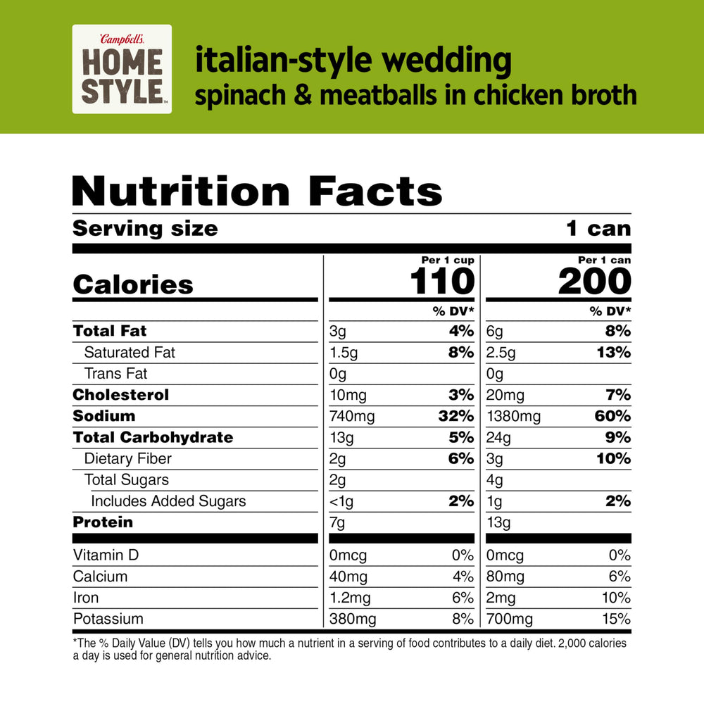 Campbell's Homestyle open can showing soup contents benefit: ready-to-heat convenience