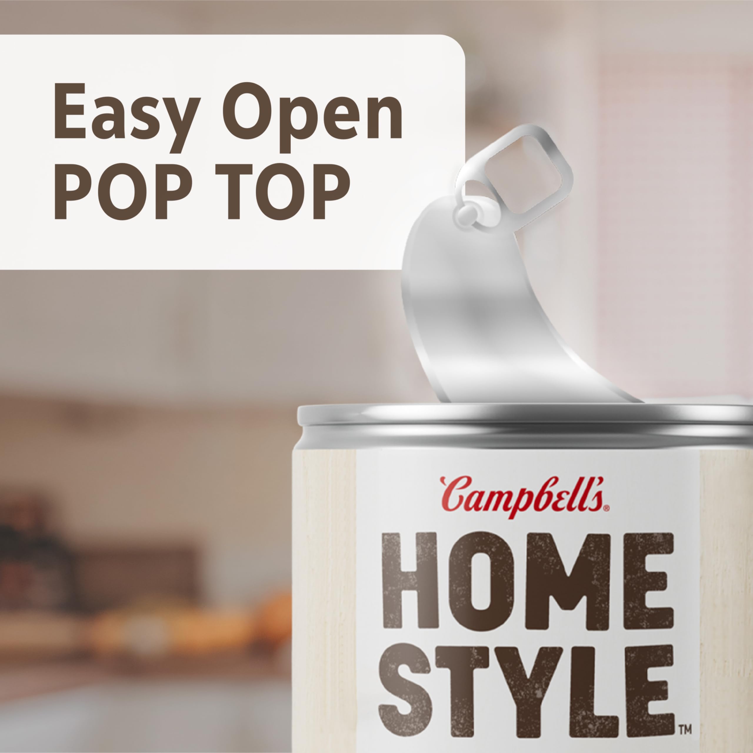 Campbell's Homestyle can beside a spoon demonstrating single-serve scale