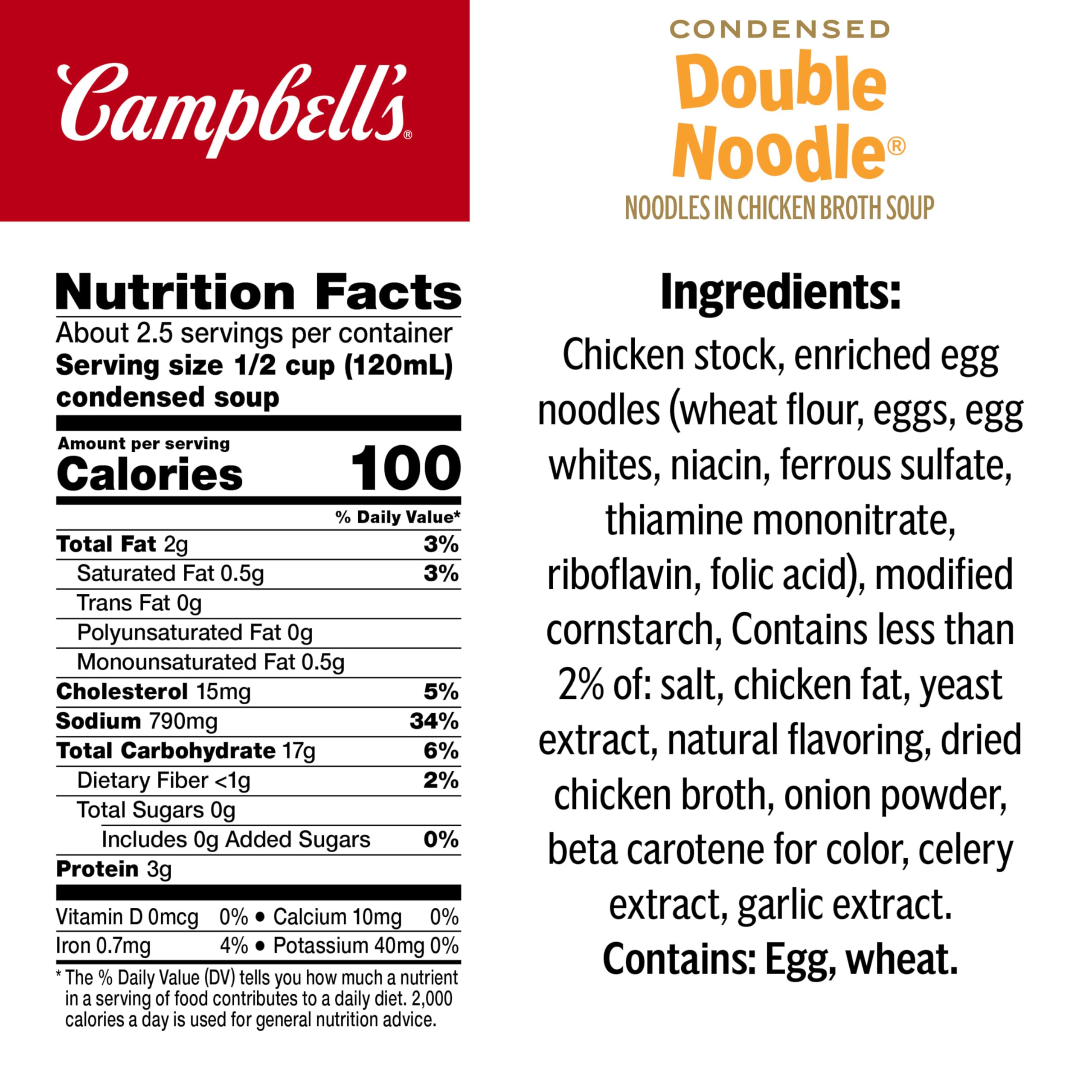 Campbell's open can revealing chicken broth and mixed noodles for quick prep