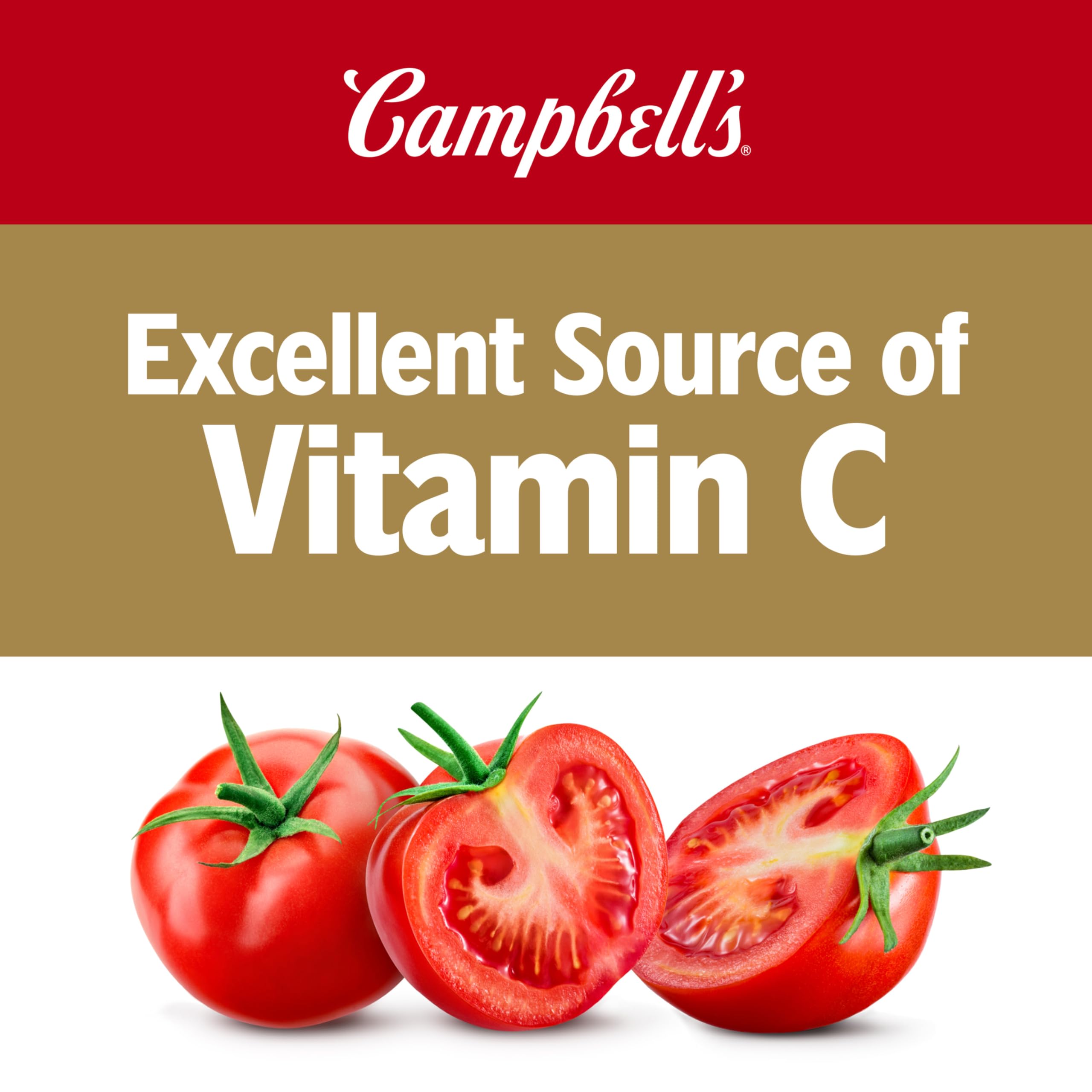 Pouring Campbell's tomato juice into a glass for a fresh beverage boost
