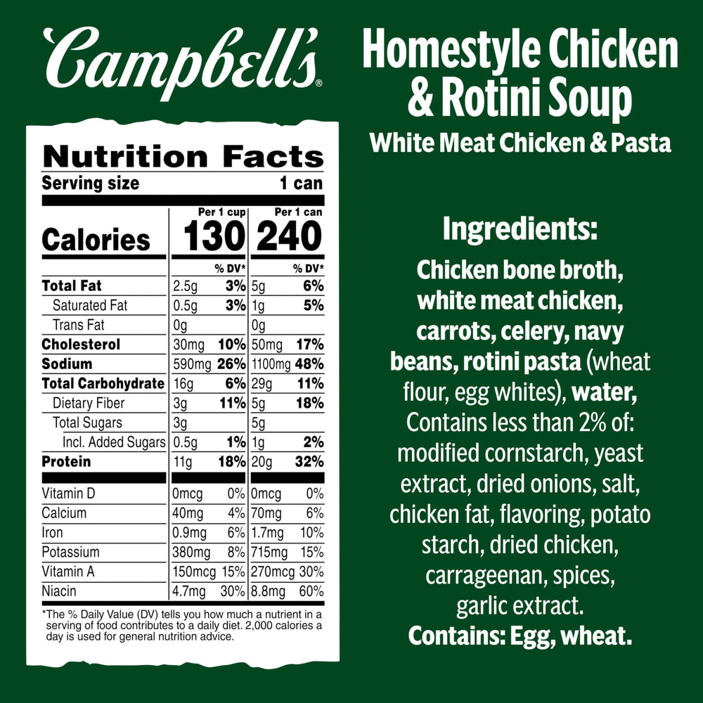 Campbell's close-up of soup in can showing chicken and rotini for appetizing texture
