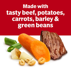 Campbell's can with visible carrots potatoes green beans toasted barley ingredients