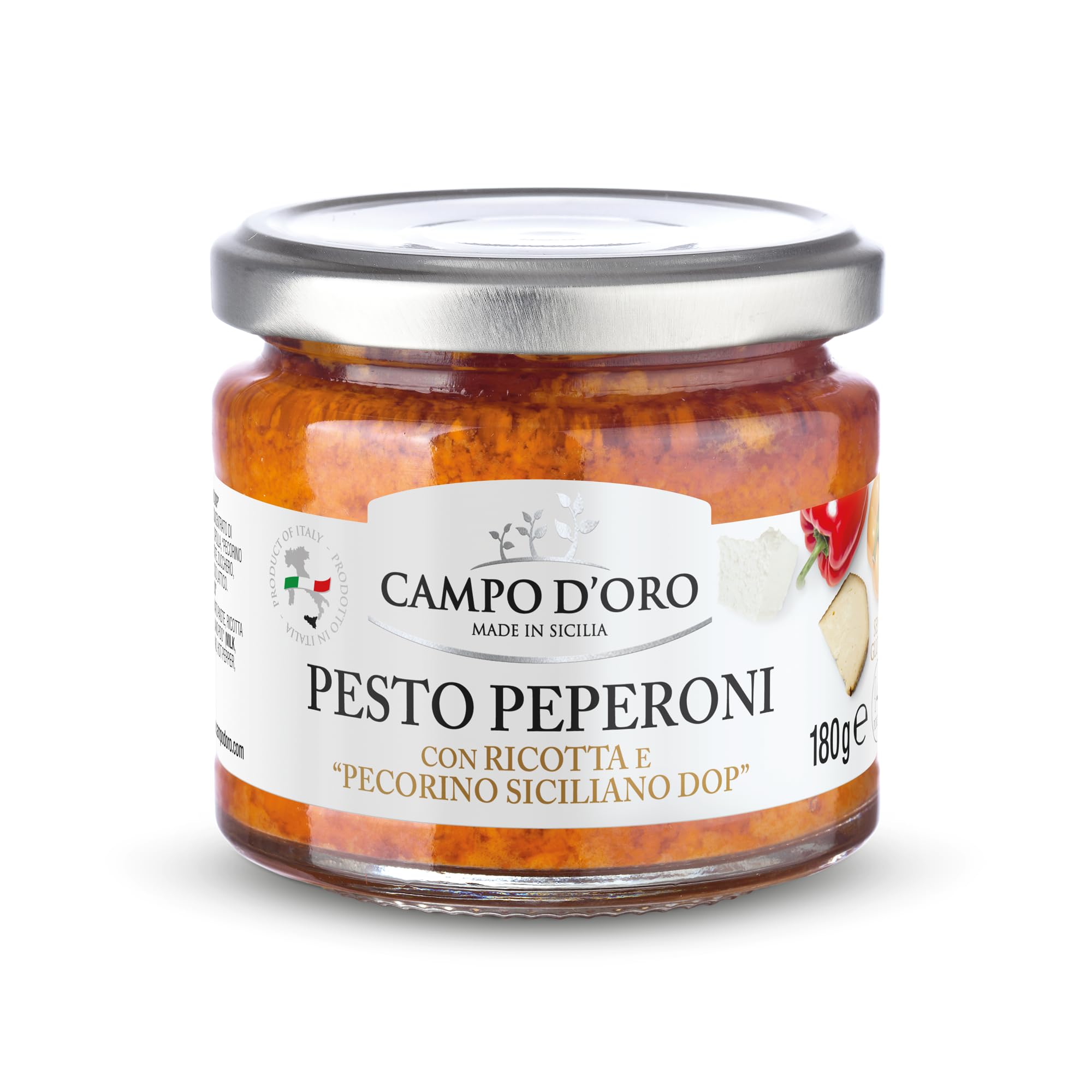CAMPO D'ORO jar front label showing authentic Sicilian pepper pesto and benefits