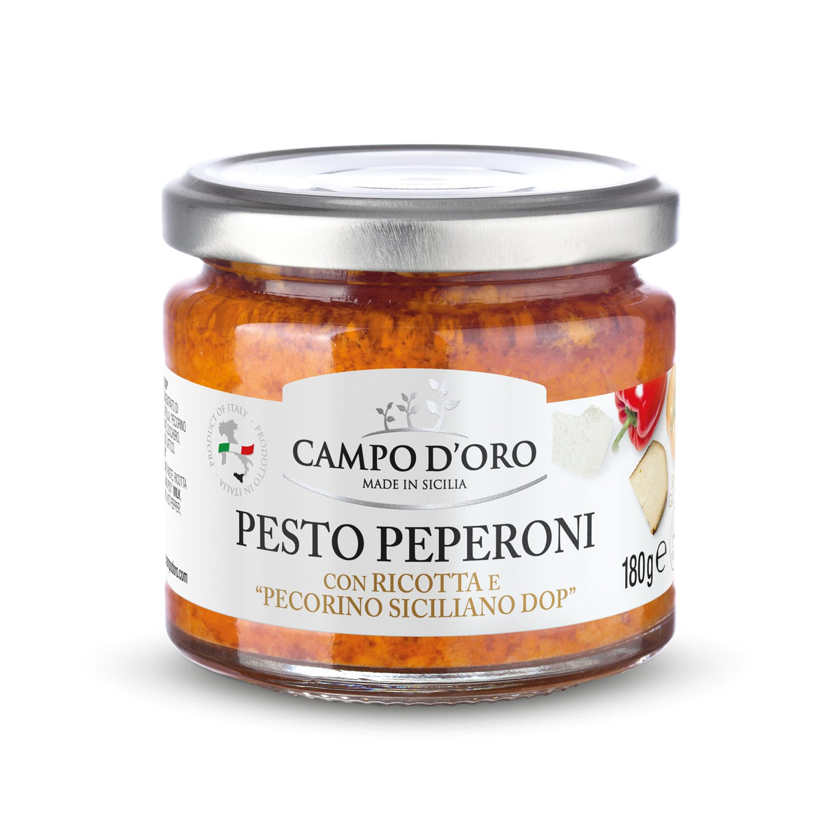 CAMPO D'ORO jar front label showing authentic Sicilian pepper pesto and benefits