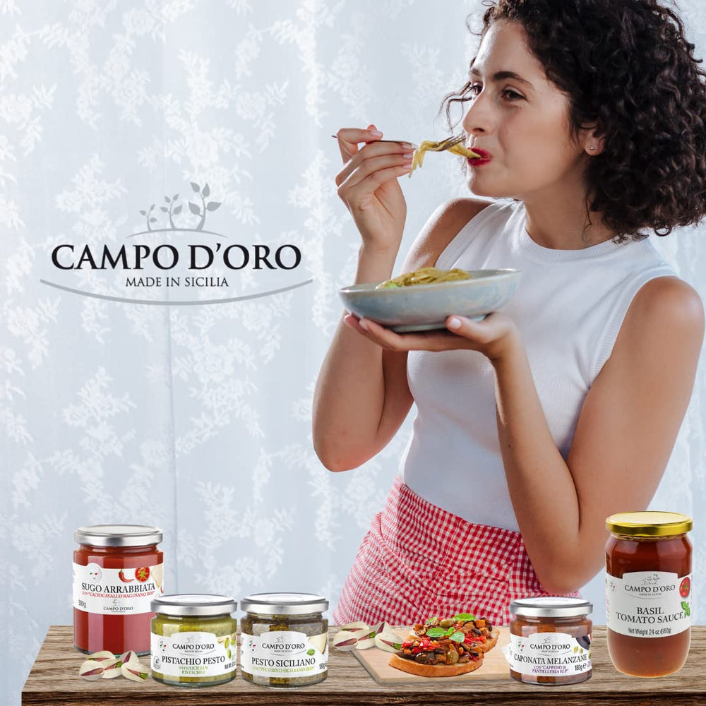 CAMPO D'ORO ingredient layout with tomatoes, garlic and oregano showing authentic quality