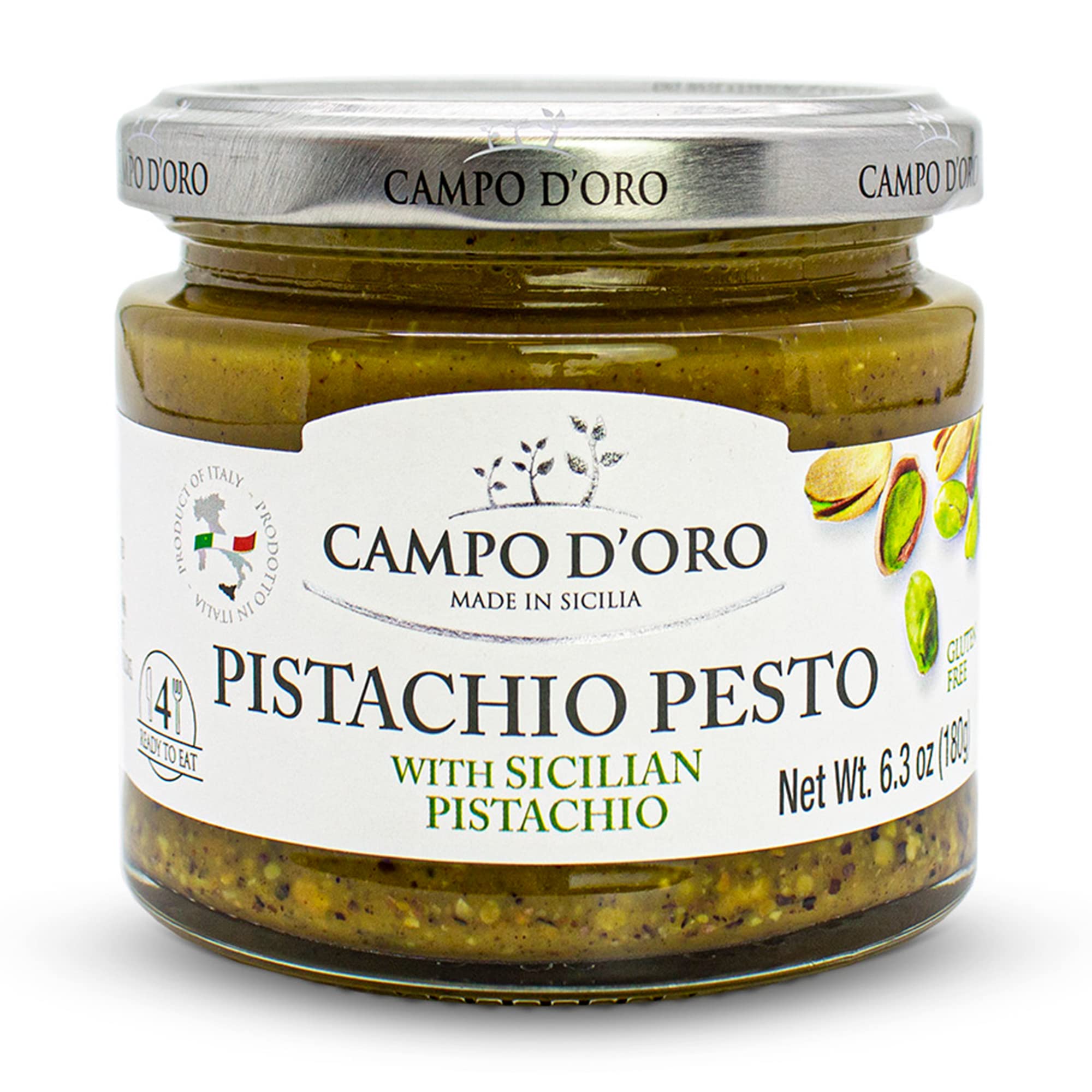 CAMPO D'ORO front jar view showing authentic Sicilian pistachio pesto, gourmet pantry upgrade
