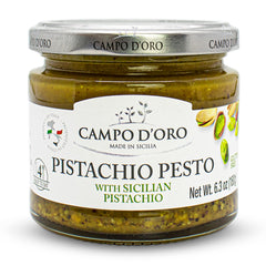CAMPO D'ORO front jar view showing authentic Sicilian pistachio pesto, gourmet pantry upgrade