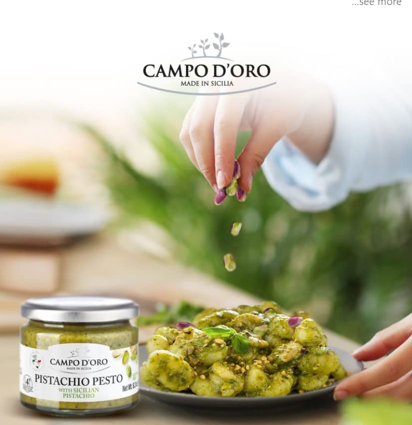 CAMPO D'ORO displayed ingredients—pistachios and herbs—highlighting natural sourcing
