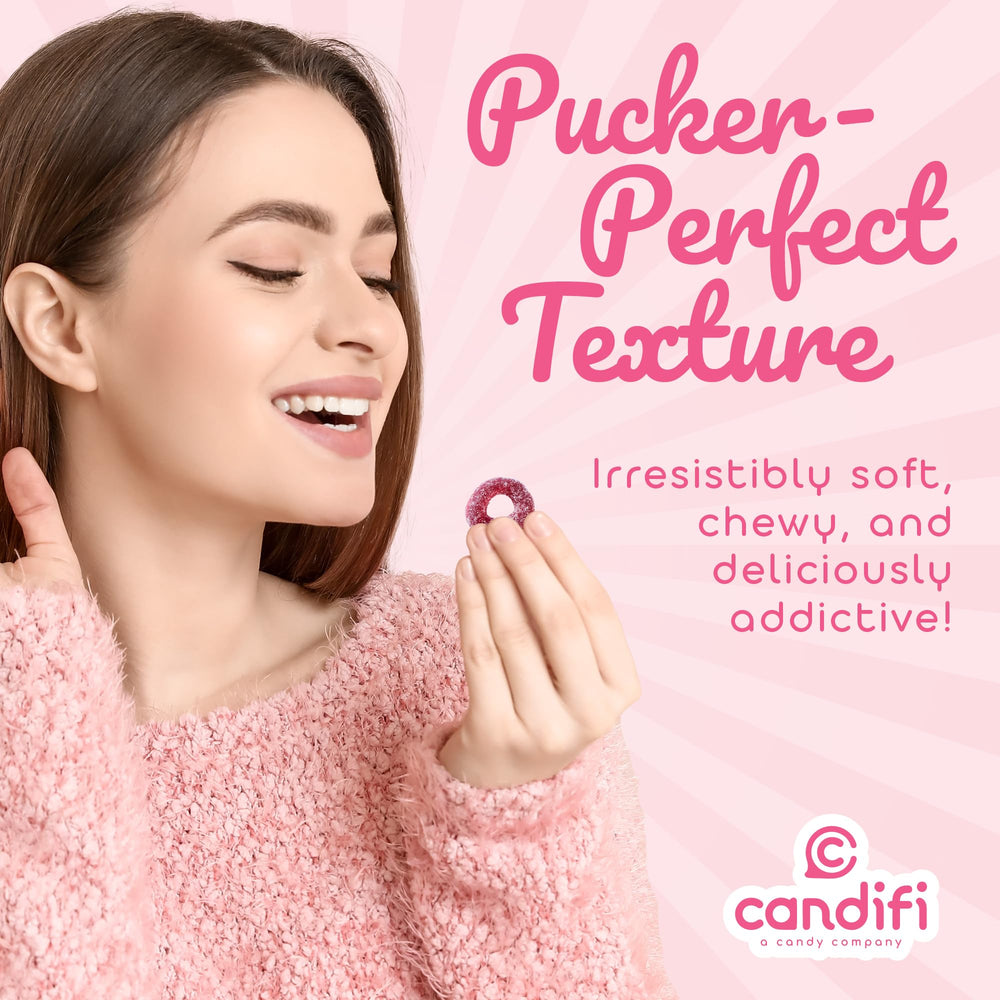 Candifi rings in hand for scale showing convenient snack size